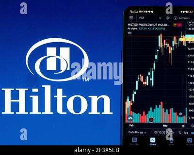 Ukraine. 18th Mar, 2021. In this photo illustration the stock market information of Hilton Worldwide Holdings Inc. seen displayed on a smartphone with the Hilton Worldwide Holdings Inc. logo in the background. Credit: SOPA Images Limited/Alamy Live News Stock Photo