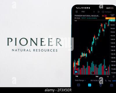 Ukraine. 18th Mar, 2021. In this photo illustration the stock market information of Pioneer Natural Resources Co seen displayed on a smartphone with the Pioneer Natural Resources Co logo in the background. Credit: SOPA Images Limited/Alamy Live News Stock Photo