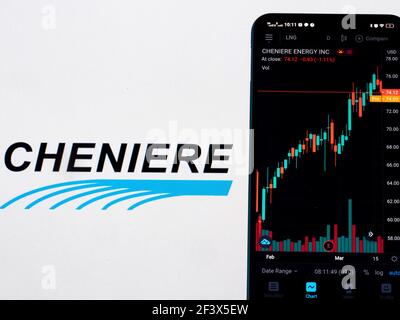 Ukraine. 18th Mar, 2021. In this photo illustration the stock market information of Cheniere Energy, Inc. seen displayed on a smartphone with the Cheniere Energy, Inc. logo in the background. Credit: SOPA Images Limited/Alamy Live News Stock Photo