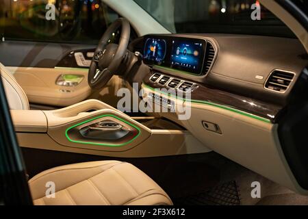 Moscow, Russia - December 24, 2019: Empty interior of premium SUV Mercedes GLS-class 2020 model. night photosession Stock Photo