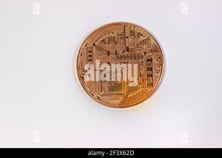 Physical bitcoin coin. Bitcoin on white background. Stock Photo
