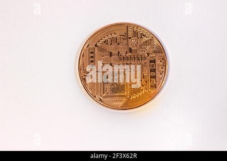 Physical bitcoin coin. Bitcoin on white background. Stock Photo