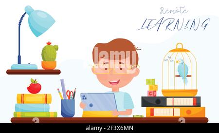 Boy with tablet sitting by the table. Online learning. Remote learning concept. vector illustration. Stock Vector