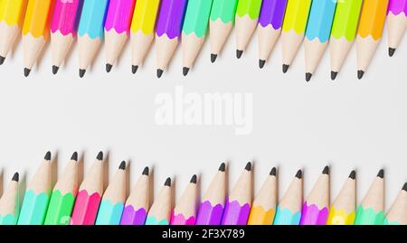 wavy rows of wooden pencils of all colors with white space in the center. 3d rendering