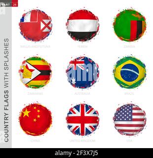 Flag collection, round grunge flag with splashes. 9 vector flags: Australia, Brazil, China, UK, USA, Wallis and Futuna, Yemen, Zambia, Zimbabwe Stock Vector