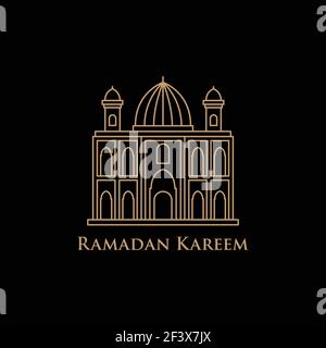 mosque ramadan, monoline style design concept in gold color isolated on black background Stock Vector