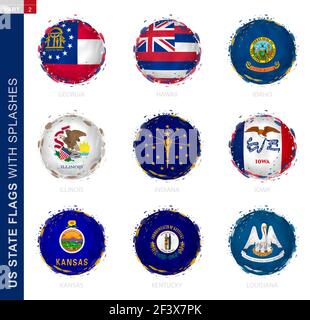 US State flag collection, round grunge flag with splashes. 9 vector flags: Georgia, Hawaii, Idaho, Illinois, Indiana, Iowa, Kansas, Kentucky, Louisian Stock Vector