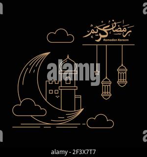 crescent moon and mosque minaret with lantern decorations design monoline style Ramadan celebration. vector illustration. Translation: "Ramadan kareem Stock Vector