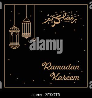 Ramadan celebration with hanging lanterns in mono line style on dark background. Translation 'Ramadan kareem'. vector illustration