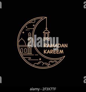 illustration of a mosque inside the crescent moon of the ramadan theme. Monoline style concept design isolated on dark background. Stock Vector