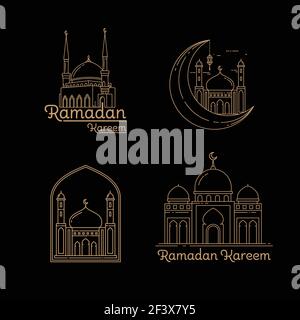 Ramadan mosque collection gold color. Monoline style design concept isolated on dark background Stock Vector