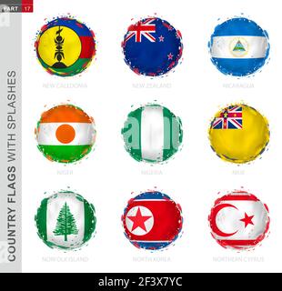Flag collection, round grunge flag with splashes. 9 vector flags: New Caledonia, New Zealand, Nicaragua, Niger, Nigeria, Niue, Norfolk Island, North K Stock Vector