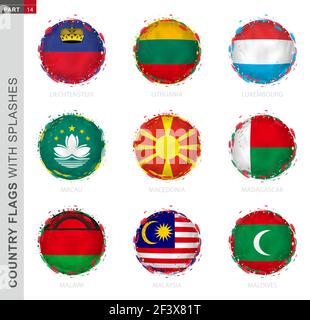 Flag collection, round grunge flag with splashes. 9 vector flags: Liechtenstein, Lithuania, Luxembourg, Macau, Macedonia, Madagascar, Malawi, Malaysia Stock Vector