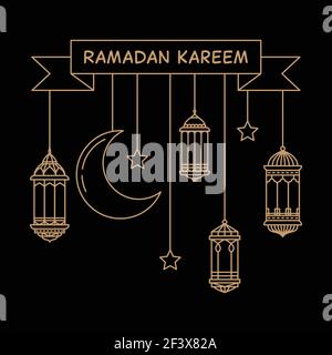 hanging lantern decoration for ramadan celebration in mono line style on black background. vector illustration Stock Vector