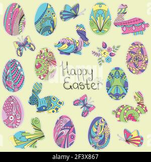 Set of Easter stickers: eggs, rabbit and flowers. Cute cartoon illustrations. Stock Vector