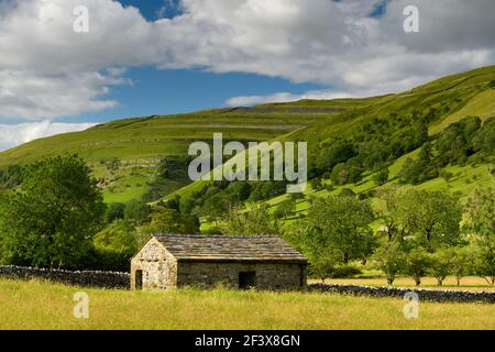 Beautiful sunny Wharfedale countryside (valley, hillsides, field barn, drystone walls, farmland pastures, high hills) - Yorkshire Dales, England, UK.