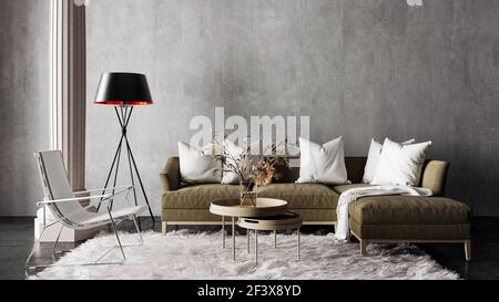 Modern living room interior design with white carpet and empty concrete wall 3D Rendering, 3D Illustration
