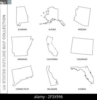 Outline maps of US states collection, nine black lined vector map of ...