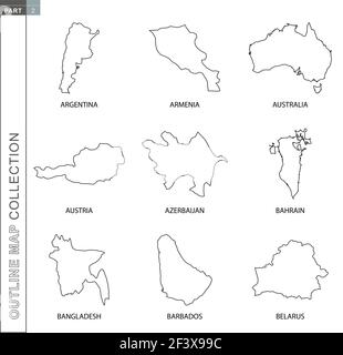 Outline maps collection, nine black lined vector map of Argentina, Armenia, Australia, Austria, Azerbaijan, Bahrain, Bangladesh, Barbados, Belarus Stock Vector