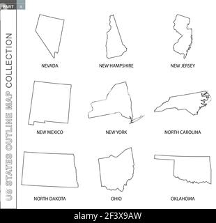 Outline maps of US states collection, nine black lined vector map of Nevada, New Hampshire, New Jersey, New Mexico, New York, North Carolina, North Da Stock Vector