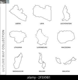 Outline maps collection, nine black lined vector map of Liberia, Libya, Liechtenstein, Lithuania, Luxembourg, Macedonia, Madagascar, Malawi, Malaysia Stock Vector