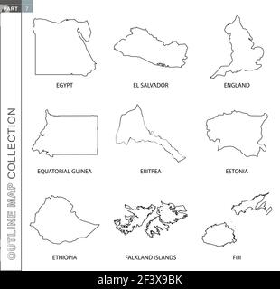 Outline maps collection, nine black lined vector map of Egypt, El Salvador, England, Equatorial Guinea, Eritrea, Estonia, Ethiopia, Falkland Islands, Stock Vector