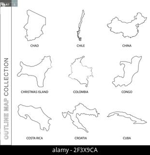 Outline maps collection, nine black lined vector map of Chad, Chile, China, Christmas Island, Colombia, Congo, Costa Rica, Croatia, Cuba Stock Vector