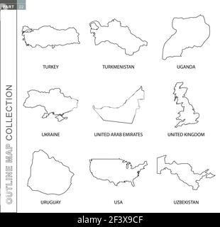Outline maps collection, nine black lined vector map of Turkey, Turkmenistan, Uganda, Ukraine, United Arab Emirates, United Kingdom, Uruguay, USA, Uzb Stock Vector