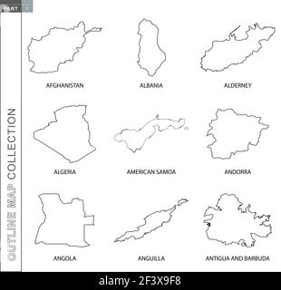Outline maps collection, nine black lined vector map of Afghanistan, Albania, Alderney, Algeria, American Samoa, Andorra, Angola, Anguilla, Antigua an Stock Vector