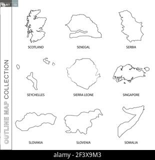 Outline maps collection, nine black lined vector map of Scotland, Senegal, Serbia, Seychelles, Sierra Leone, Singapore, Slovakia, Slovenia, Somalia Stock Vector