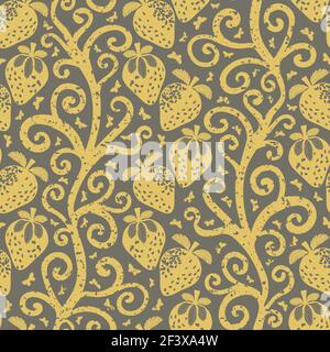 Strawberry linocut Indian Florals style seamless vector pattern background. Winding stems with berries and butterflies. Yellow grey design with aged Stock Vector
