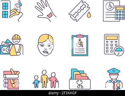 Disability insurance RGB color icons set Stock Vector