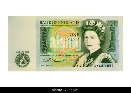 Old new stock original obsolete British one pound sterling banknote on white. Cut out. Isolated Stock Photo