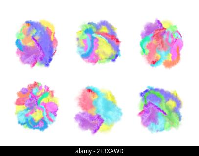 Smoke isolated on white background. Smoke bombs on festival. Abstract multicolor smokes elements for design. Colored smoke cloud collection on  white. Stock Photo