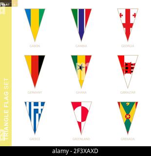 Triangle flag set, stylized country flags of Gabon, Gambia, Georgia, Germany, Ghana, Gibraltar, Greece, Greenland, Grenada Stock Vector