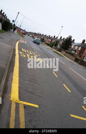 bus stop, lay-by, requirement, traffic, regulation, indication, markings, Road Traffic Regulation, clearway, pick-up, set down passengers, prohibition Stock Photo