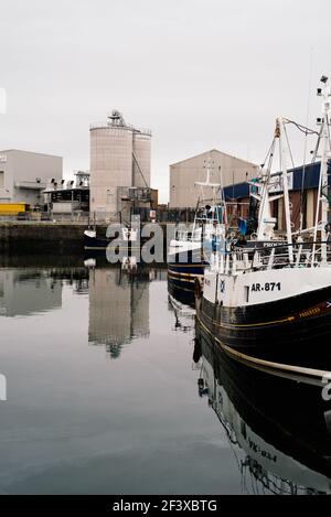 Scottish fishing boats alongside the fish market in the port of Troon, Scotland, UK. Stock Photo