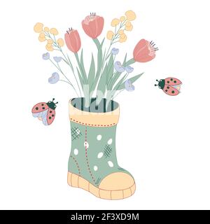 Bouquet of spring flowers rubber boots, flat vector illustration isolated. Stock Vector