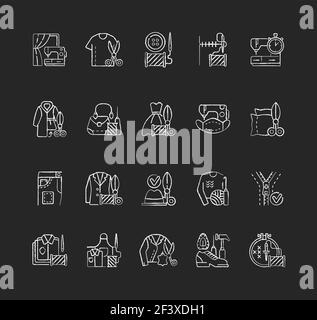 Clothing alteration and repair services chalk white icons set on black background Stock Vector