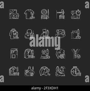 Clothing alteration and repair services chalk white icons set on black background Stock Vector