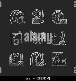 Sewing services chalk white icons set on black background Stock Vector