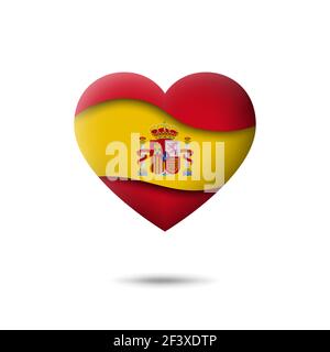 Spain flag icon in the shape of heart. Waving in the wind. Abstract waving spanish flag. Paper cut style. Vector symbol, icon, button Stock Vector