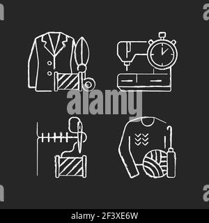 Outfit repair services chalk white icons set on black background Stock Vector