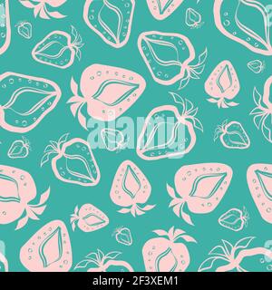 Strawberry linocut seamless vector pattern background. Cute stencil style hand drawn berries with leaves on pink blue backdrop. Botanical design Stock Vector