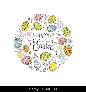 Hand drawn Easter eggs composition on white background with decorative elements: branches, flowers, stars and bubbles. Happy Easter vector illustration.  Stock Vector