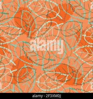 Elm leaf seamless vector pattern background. Hand drawn line art outline leaves and silhouette shadow orange blue backdrop. Texture botanical design Stock Vector