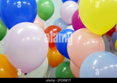 Helium balloons with ribbons in the office. Colorful festive background for birthday celebration, corporate party Stock Photo