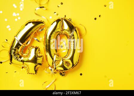 Gold foil balloon number, digit thirty. Birthday greeting card, inscription 30. Anniversary celebration event. Banner. Golden numeral, yellow Stock Photo