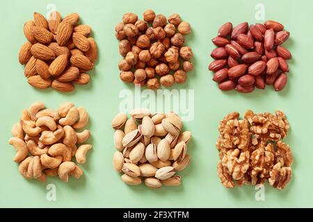 Walnuts, cashew, almond, pistachio, hazelnut and peanut mix selection. Stock Photo