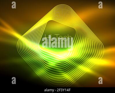Neon glowing outline squares in dark. Neon glowing outline squares in dark, shiny light magic effect, geometric minimal template. Vector illustration Stock Vector